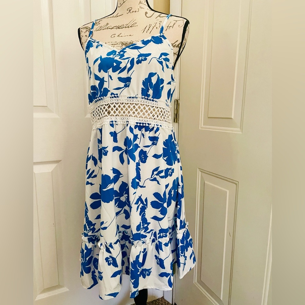 SHEIN Blue and White Floral Dress with Crochet Detail